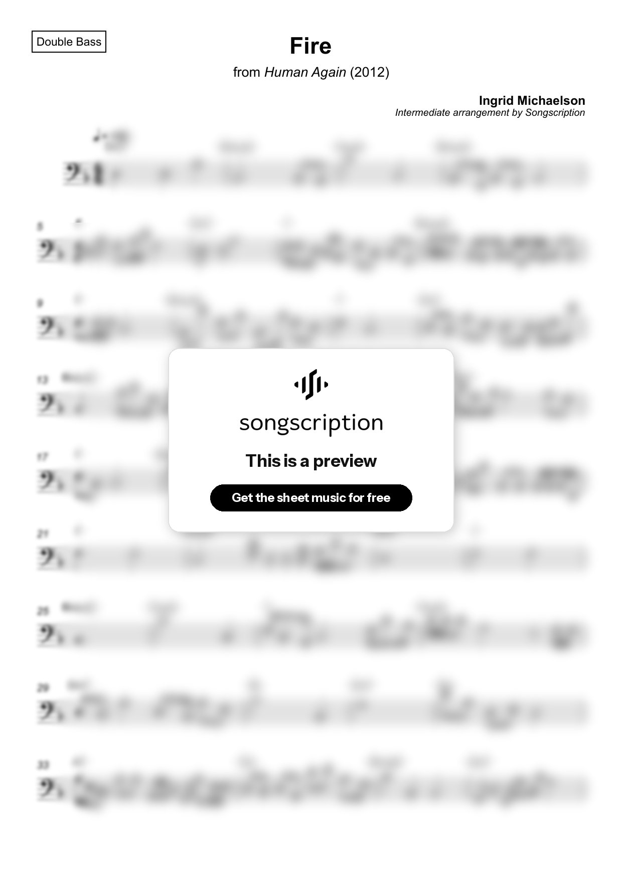 Intermediate Double Bass Sheet Music for "Fire" by Ingrid Michaelson