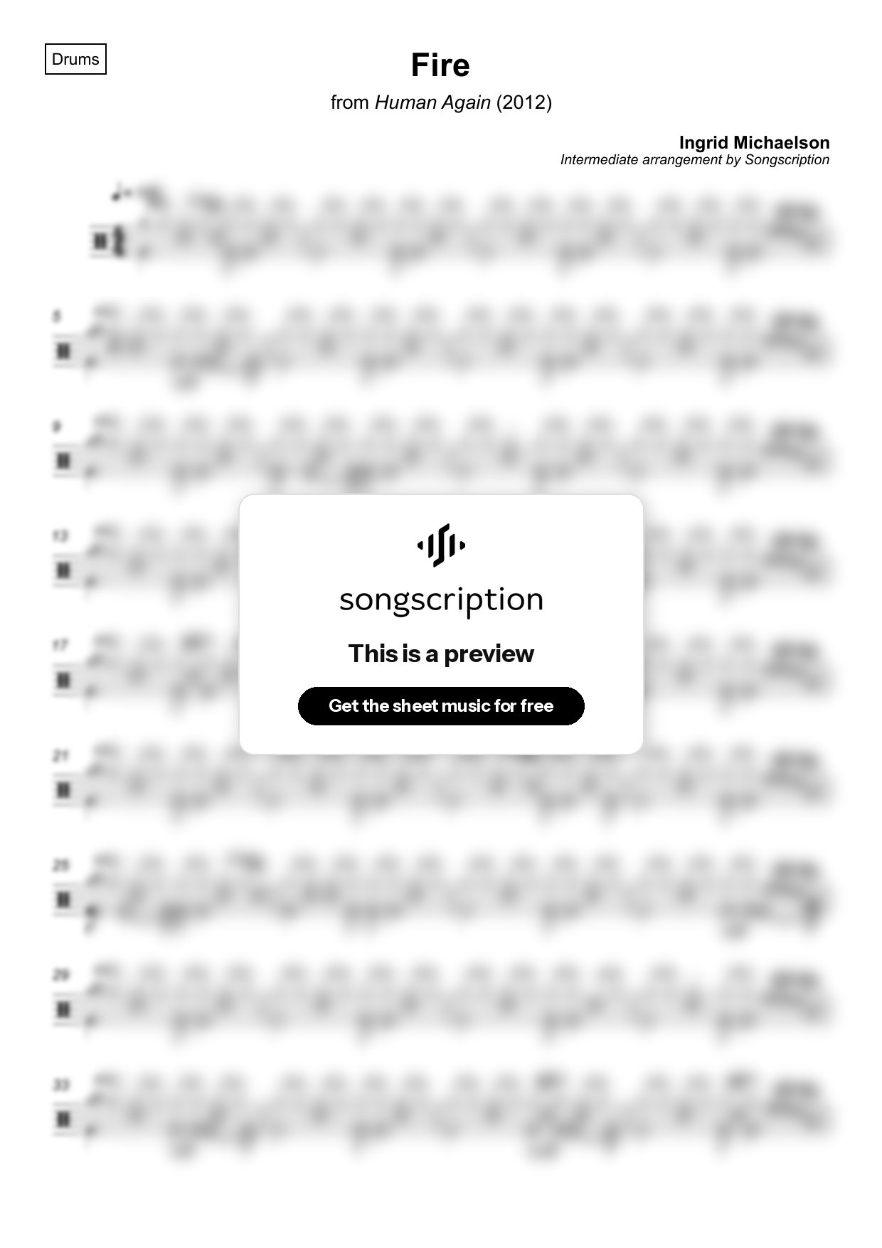 Intermediate Drums Sheet Music for "Fire" by Ingrid Michaelson