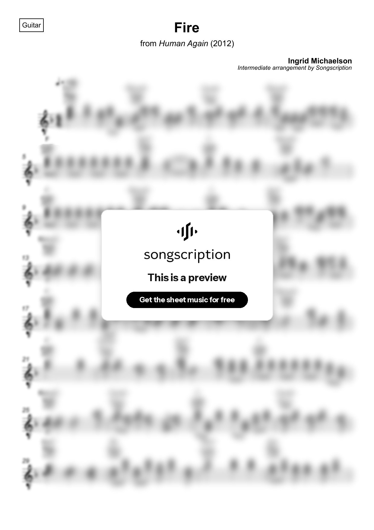 Intermediate Acoustic Guitar Sheet Music for "Fire" by Ingrid Michaelson