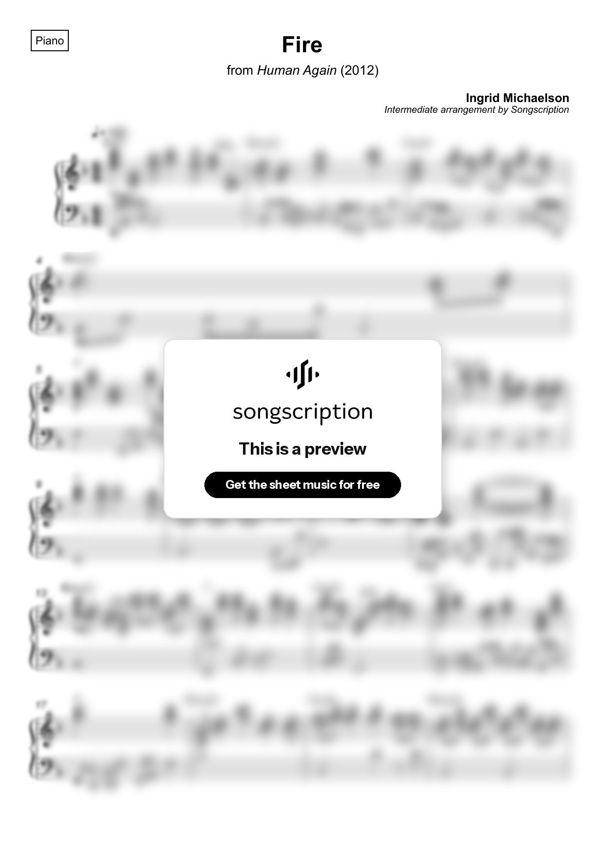 Intermediate Piano Sheet Music for "Fire" by Ingrid Michaelson