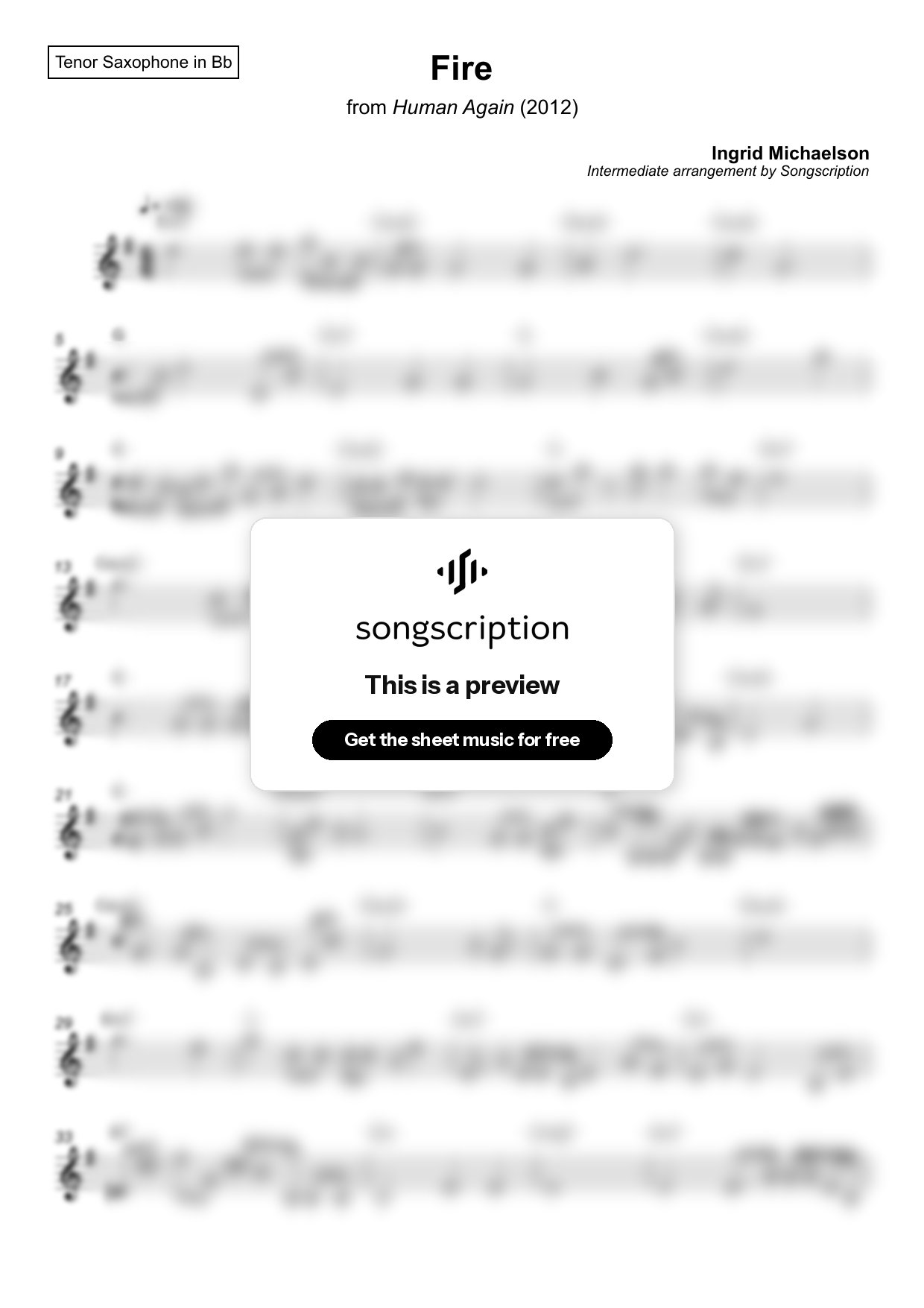 Intermediate Tenor Sax Sheet Music for "Fire" by Ingrid Michaelson
