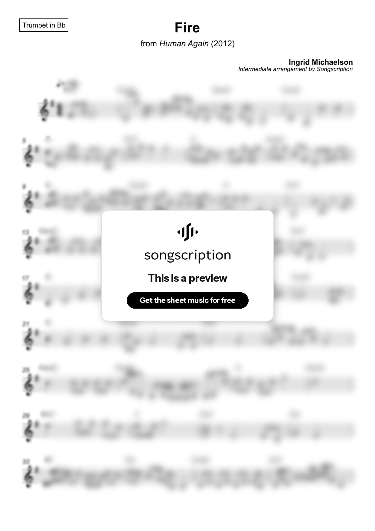 Intermediate Trumpet Sheet Music for "Fire" by Ingrid Michaelson