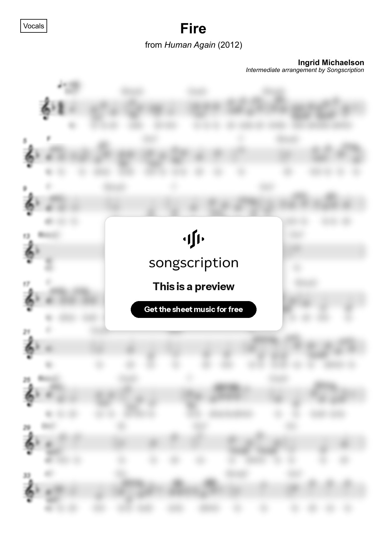 Intermediate Vocals Sheet Music for "Fire" by Ingrid Michaelson