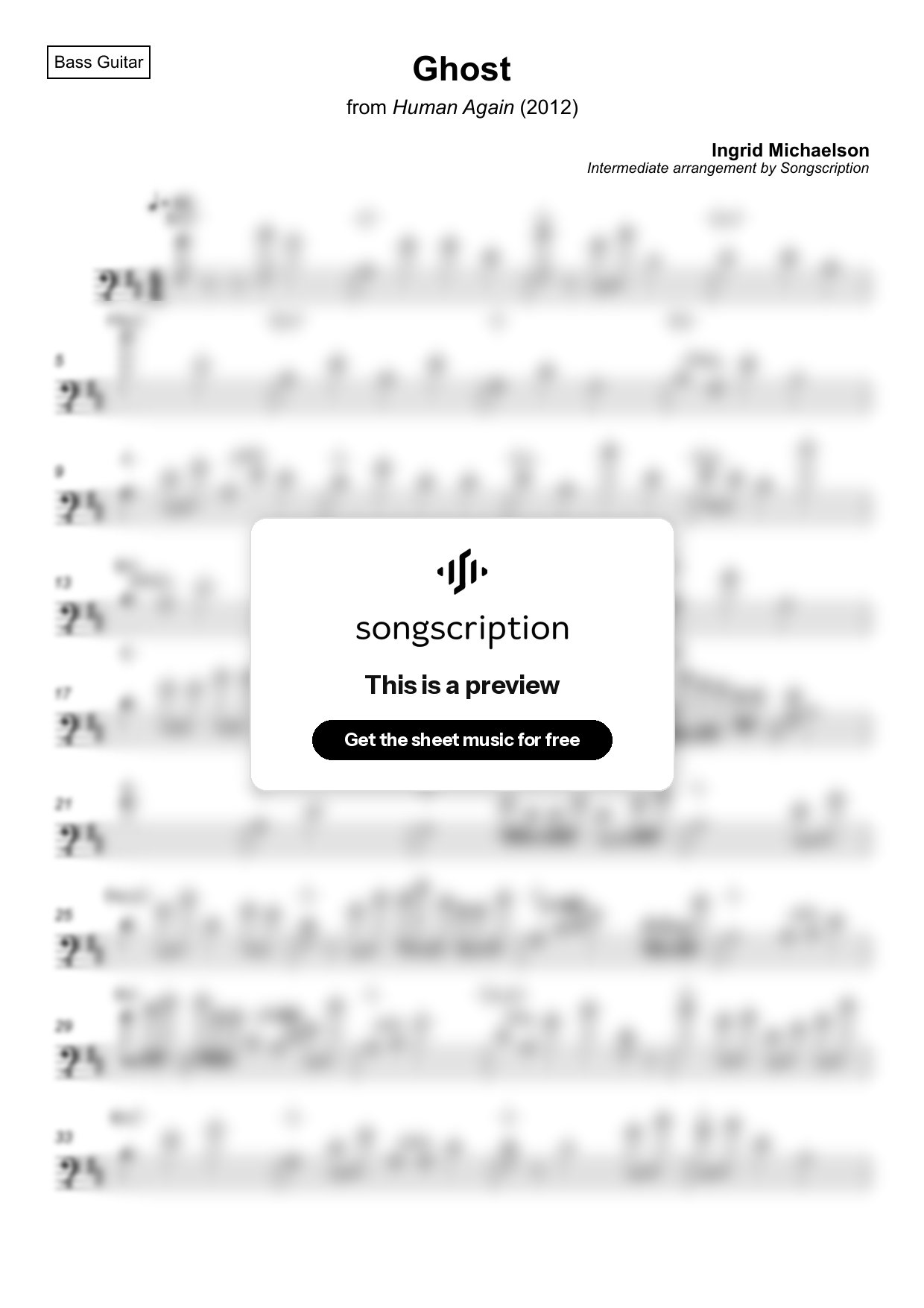 Intermediate Bass Guitar Sheet Music for "Ghost" by Ingrid Michaelson