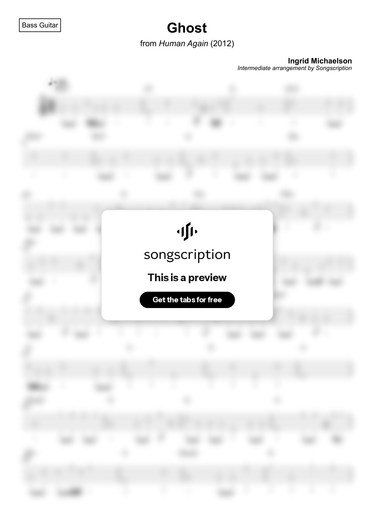 Intermediate Bass Guitar Tabs for "Ghost" by Ingrid Michaelson