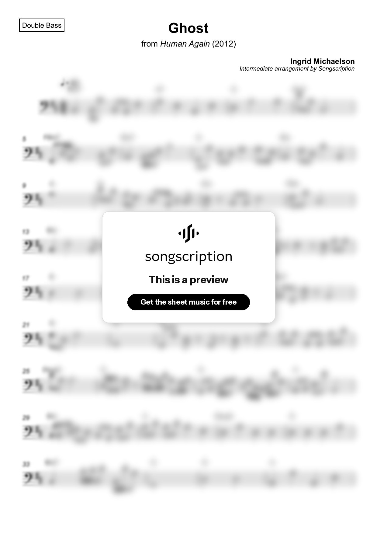 Intermediate Double Bass Sheet Music for "Ghost" by Ingrid Michaelson