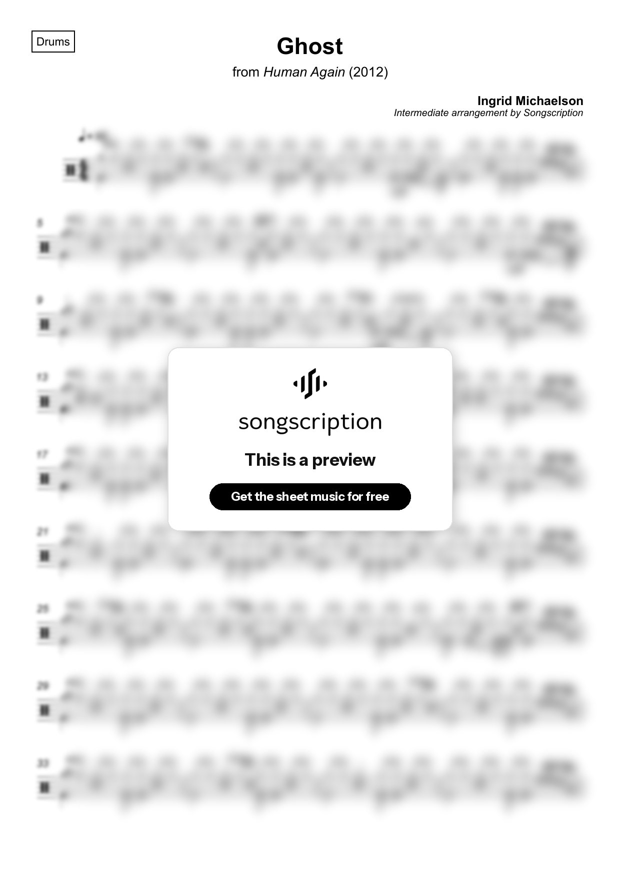 Intermediate Drums Sheet Music for "Ghost" by Ingrid Michaelson