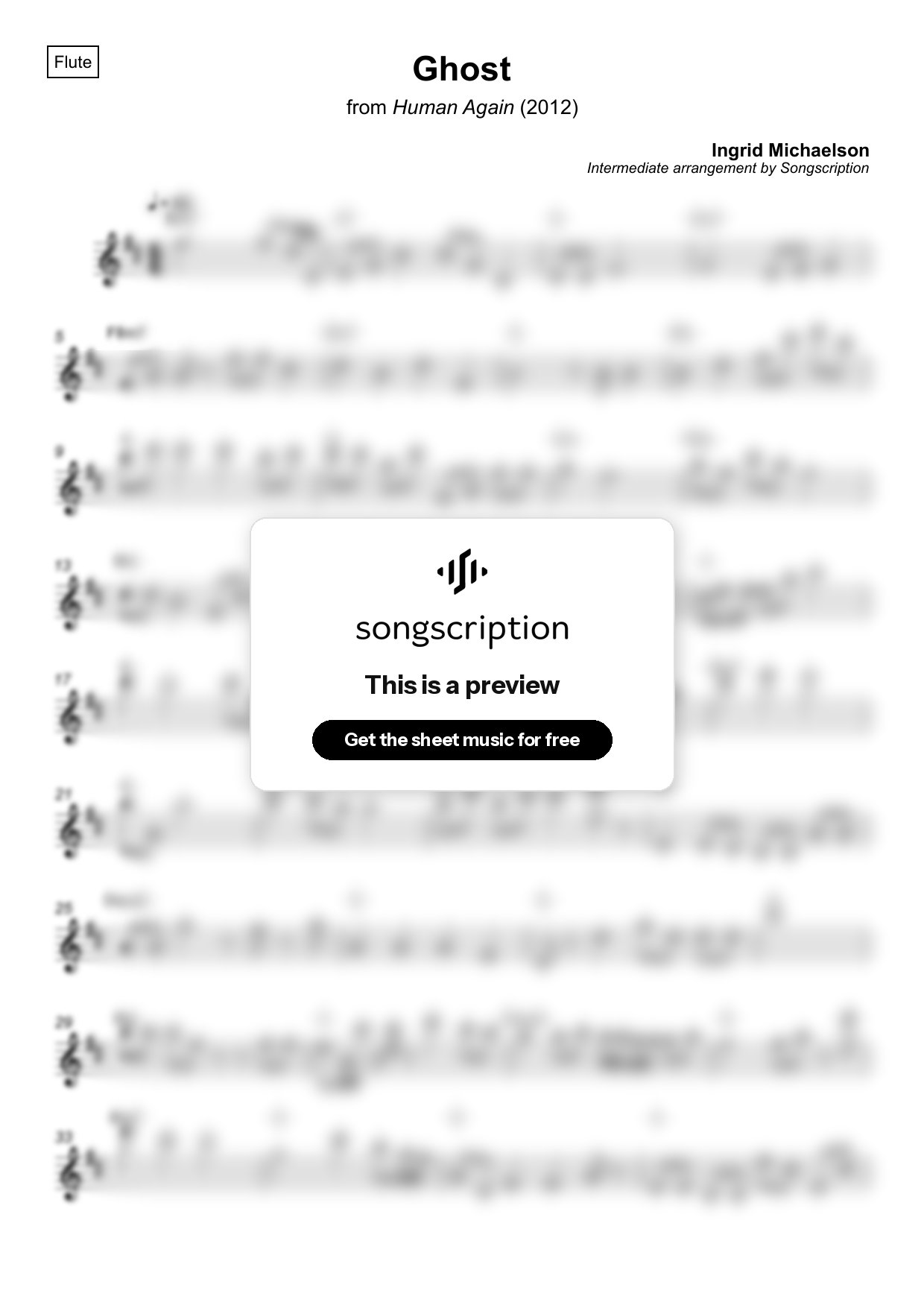 Intermediate Flute Sheet Music for "Ghost" by Ingrid Michaelson