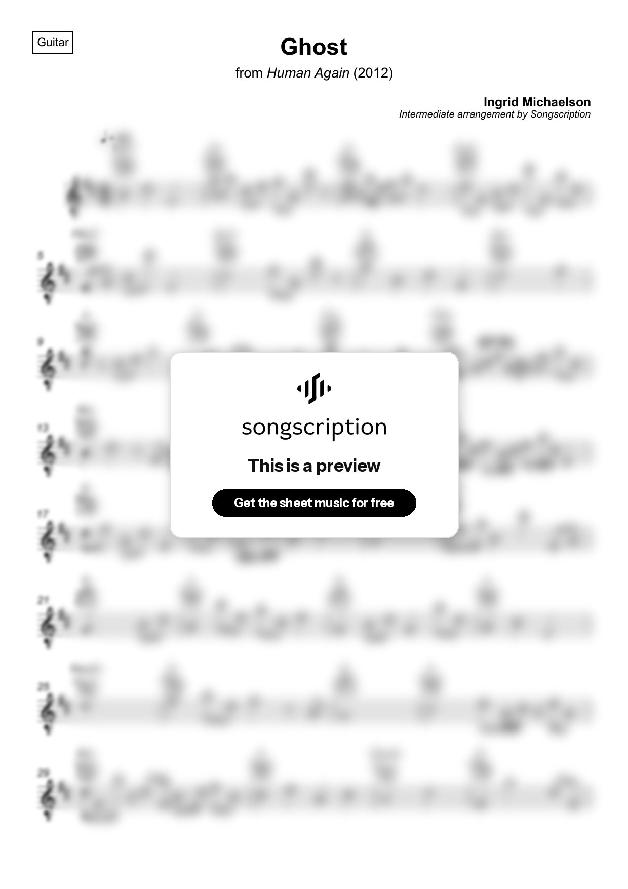 Intermediate Acoustic Guitar Sheet Music for "Ghost" by Ingrid Michaelson