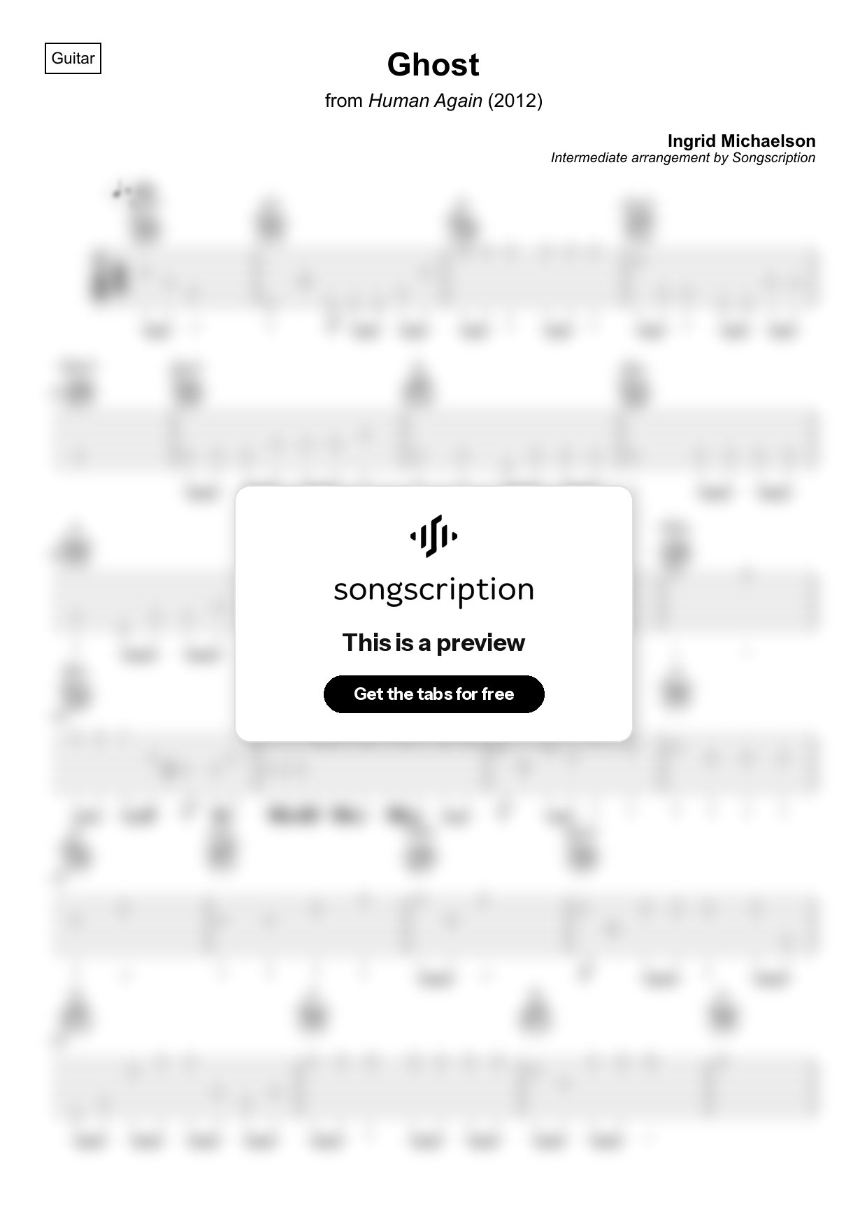 Intermediate Acoustic Guitar Tabs for "Ghost" by Ingrid Michaelson