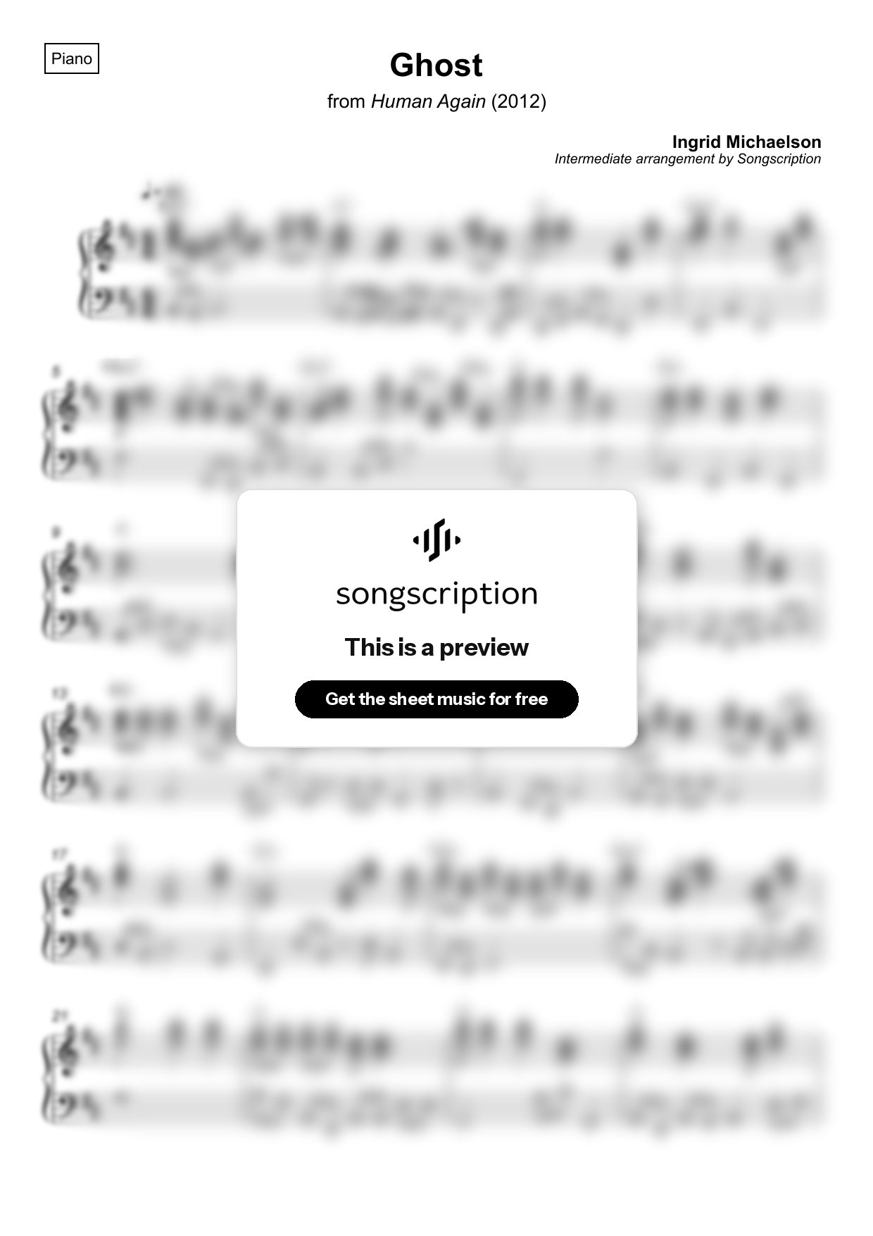 Intermediate Piano Sheet Music for "Ghost" by Ingrid Michaelson