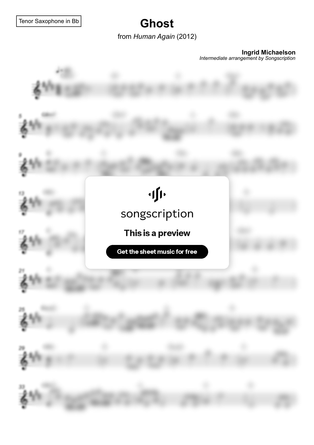 Intermediate Tenor Sax Sheet Music for "Ghost" by Ingrid Michaelson