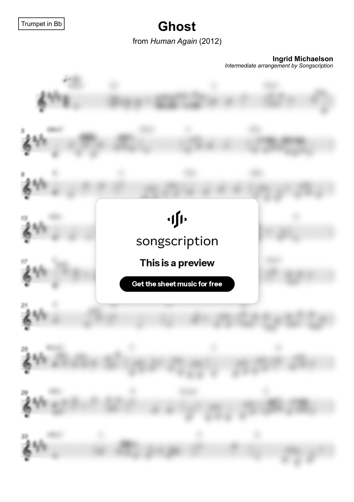 Intermediate Trumpet Sheet Music for "Ghost" by Ingrid Michaelson