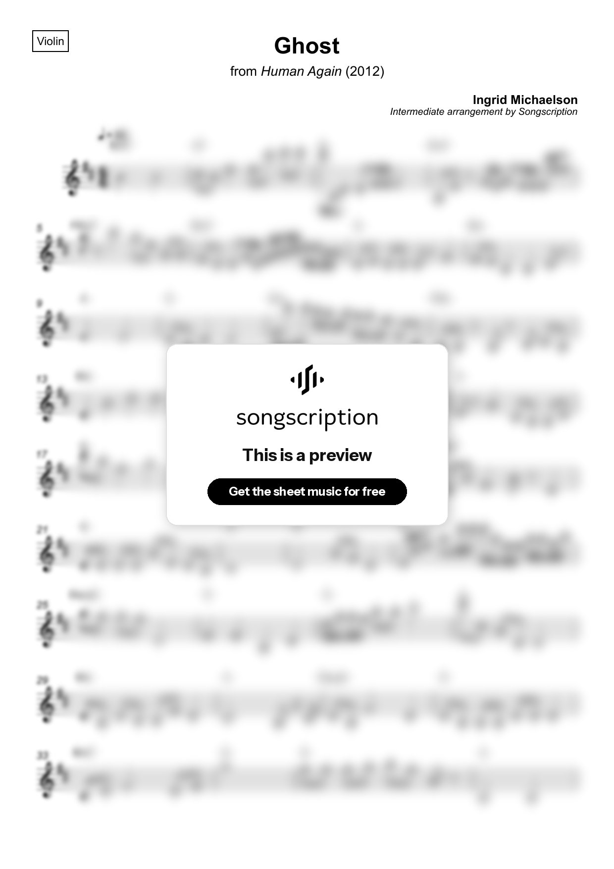 Intermediate Violin Sheet Music for "Ghost" by Ingrid Michaelson