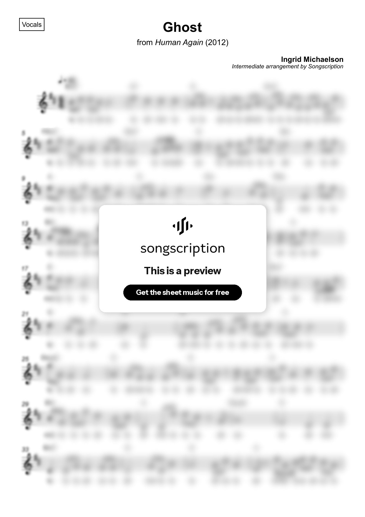 Intermediate Vocals Sheet Music for "Ghost" by Ingrid Michaelson