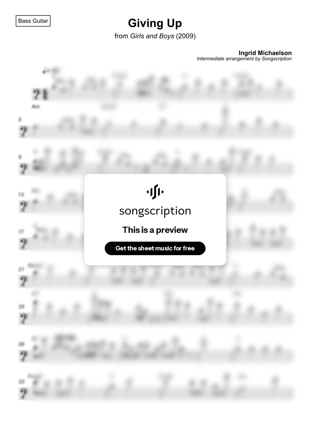 Intermediate Bass Guitar Sheet Music for "Giving Up" by Ingrid Michaelson