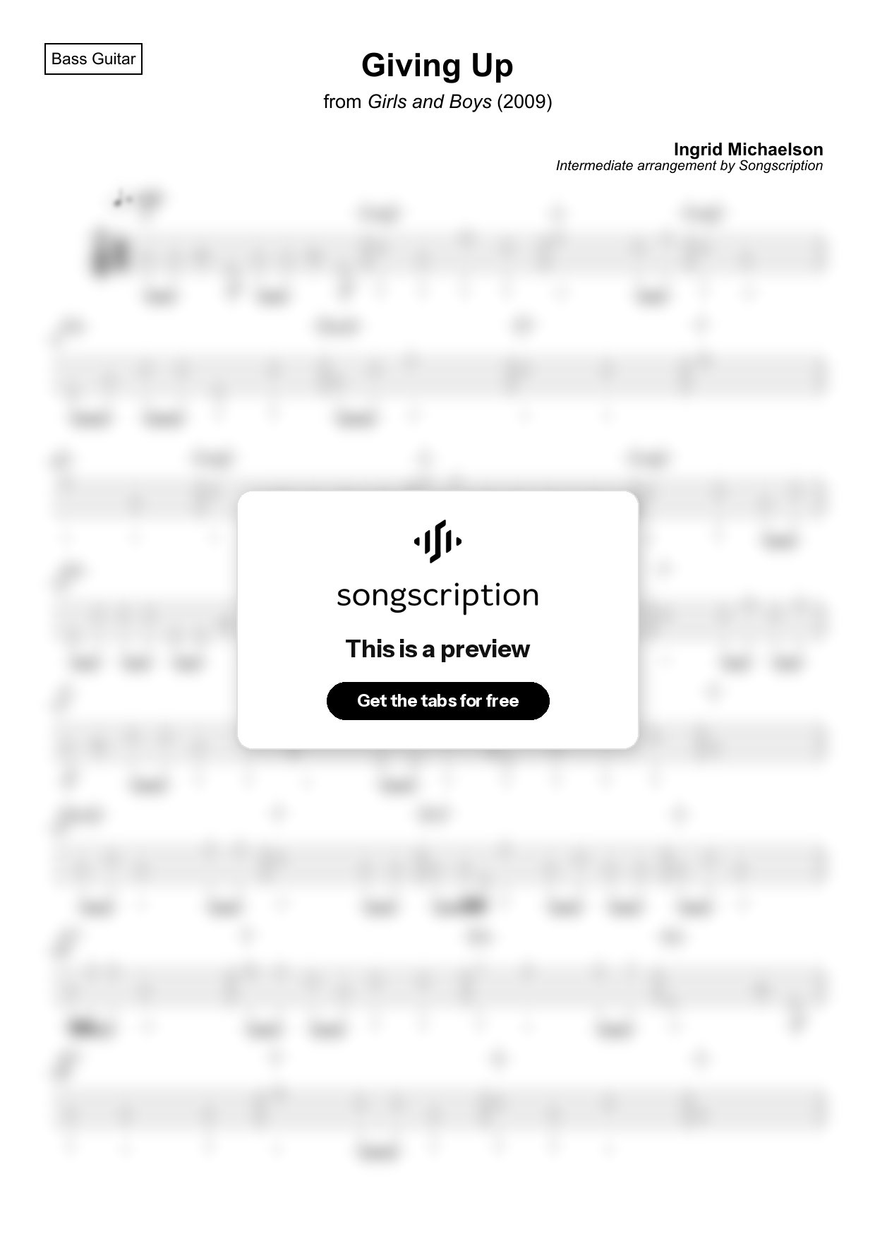 Intermediate Bass Guitar Tabs for "Giving Up" by Ingrid Michaelson