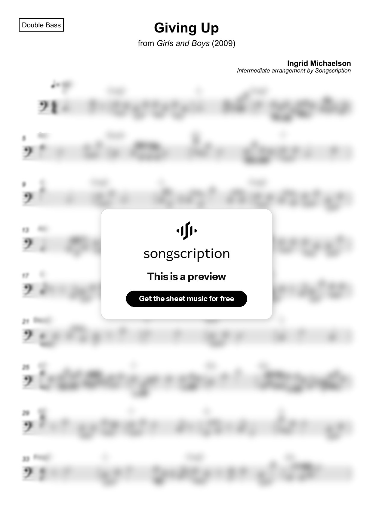 Intermediate Double Bass Sheet Music for "Giving Up" by Ingrid Michaelson