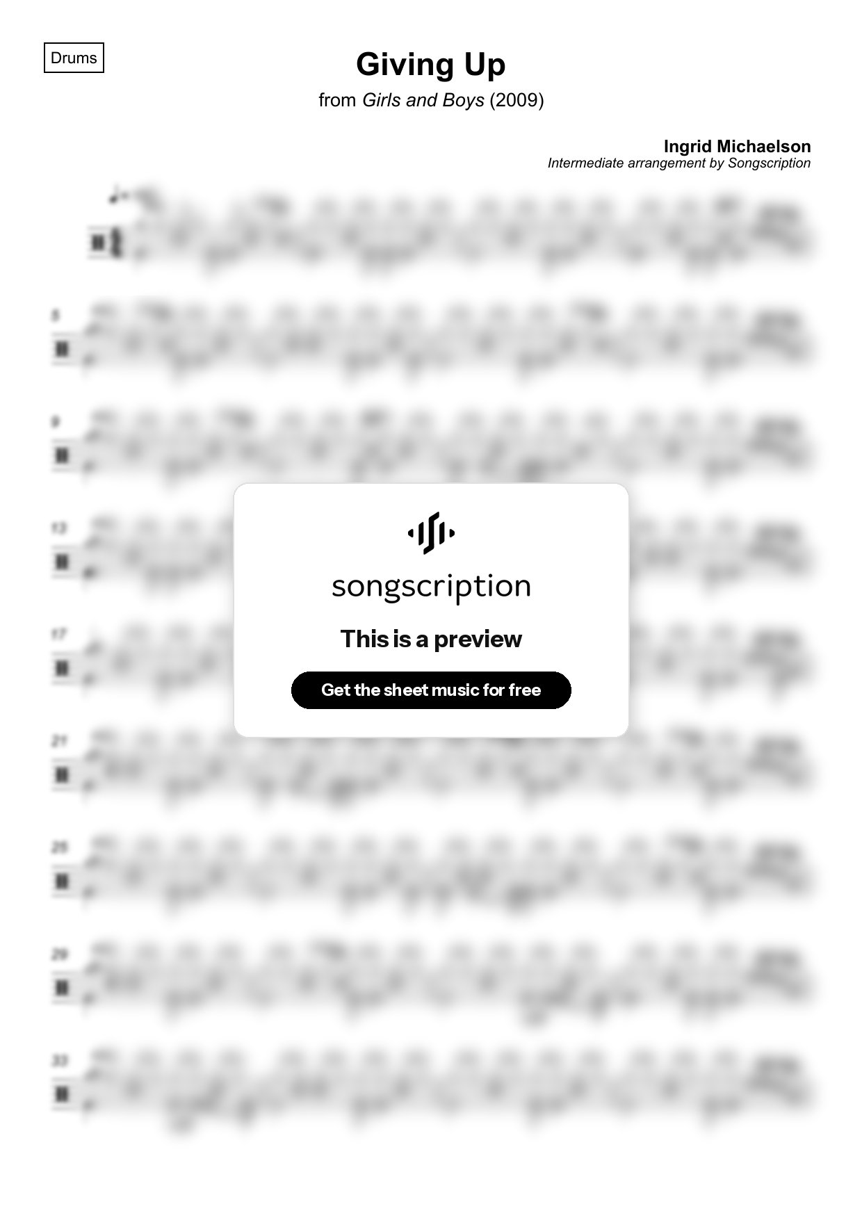 Intermediate Drums Sheet Music for "Giving Up" by Ingrid Michaelson