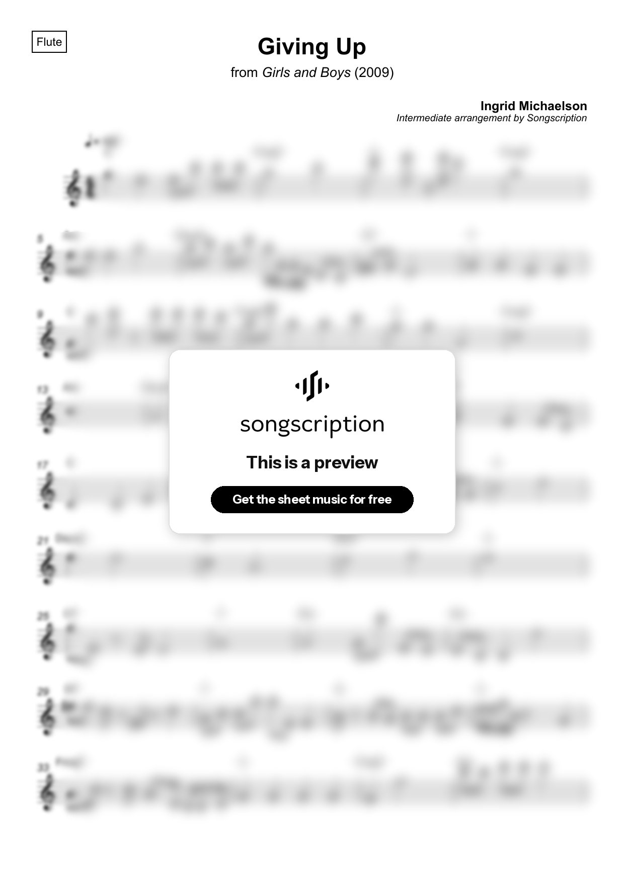 Intermediate Flute Sheet Music for "Giving Up" by Ingrid Michaelson