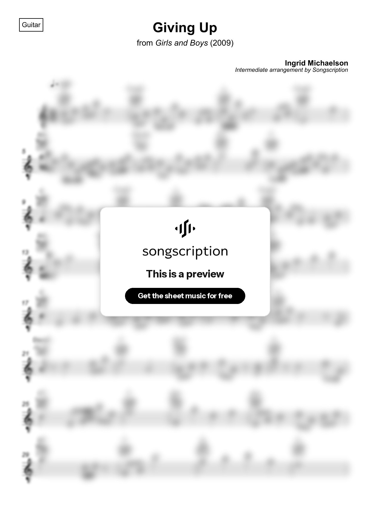 Intermediate Acoustic Guitar Sheet Music for "Giving Up" by Ingrid Michaelson