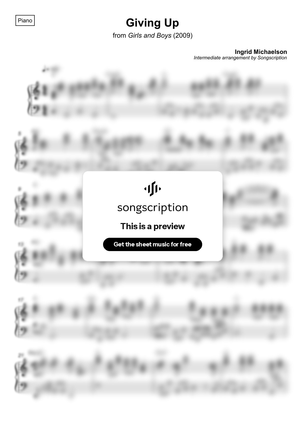 Intermediate Piano Sheet Music for "Giving Up" by Ingrid Michaelson