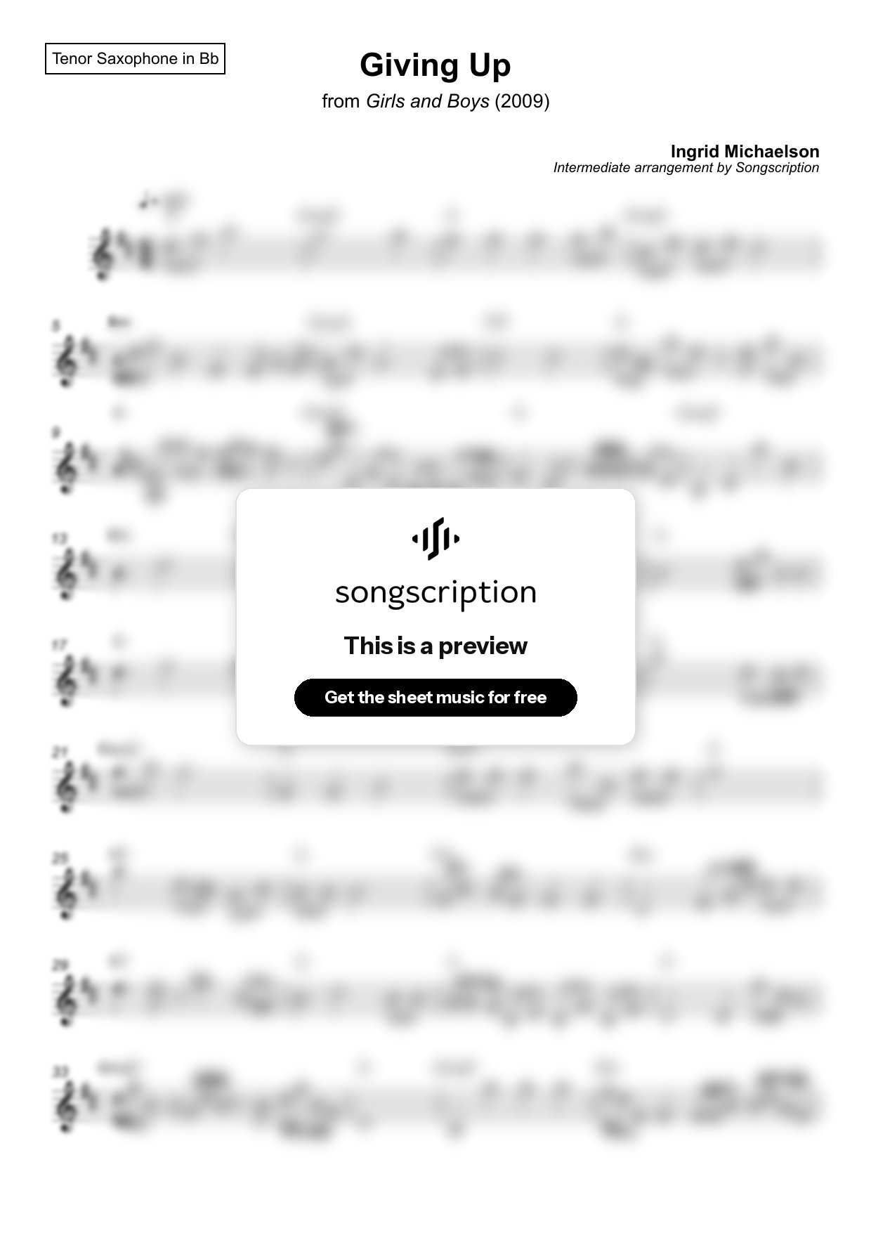 Intermediate Tenor Sax Sheet Music for "Giving Up" by Ingrid Michaelson