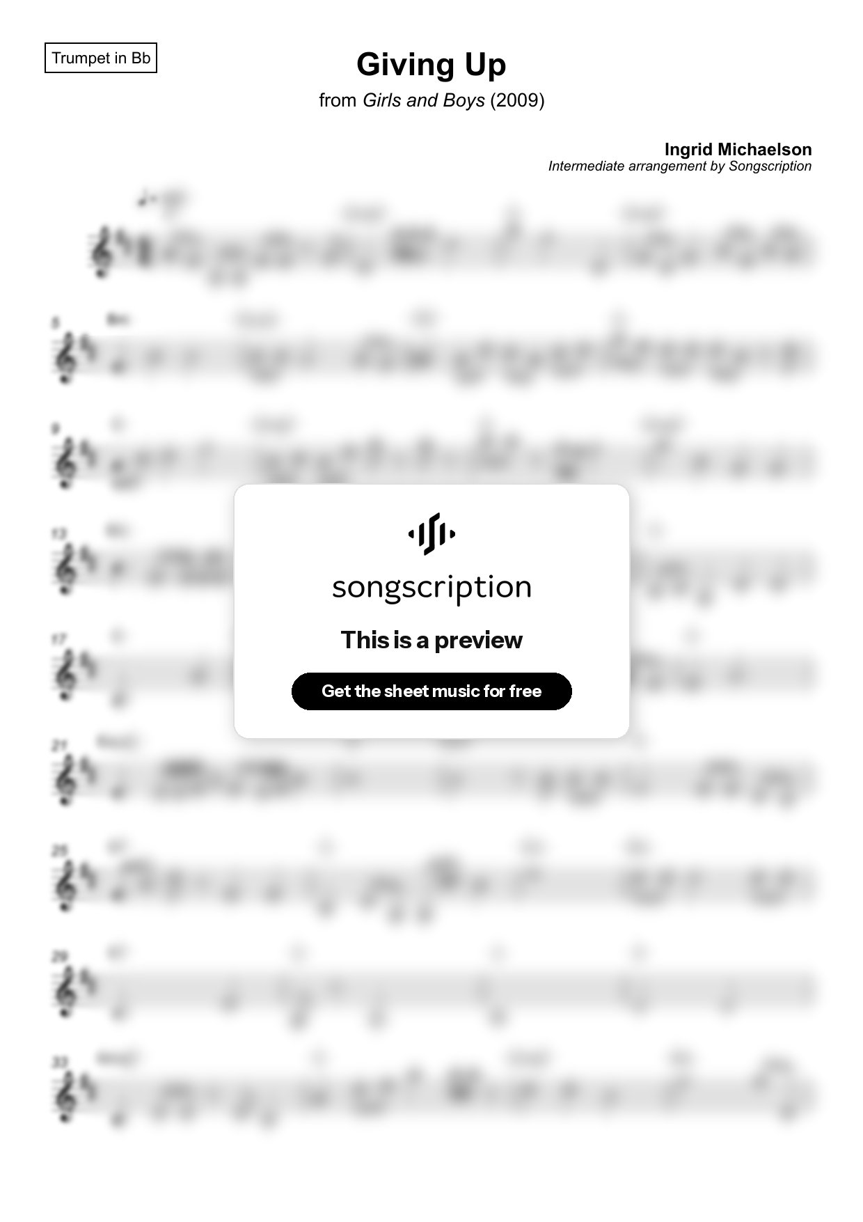 Intermediate Trumpet Sheet Music for "Giving Up" by Ingrid Michaelson