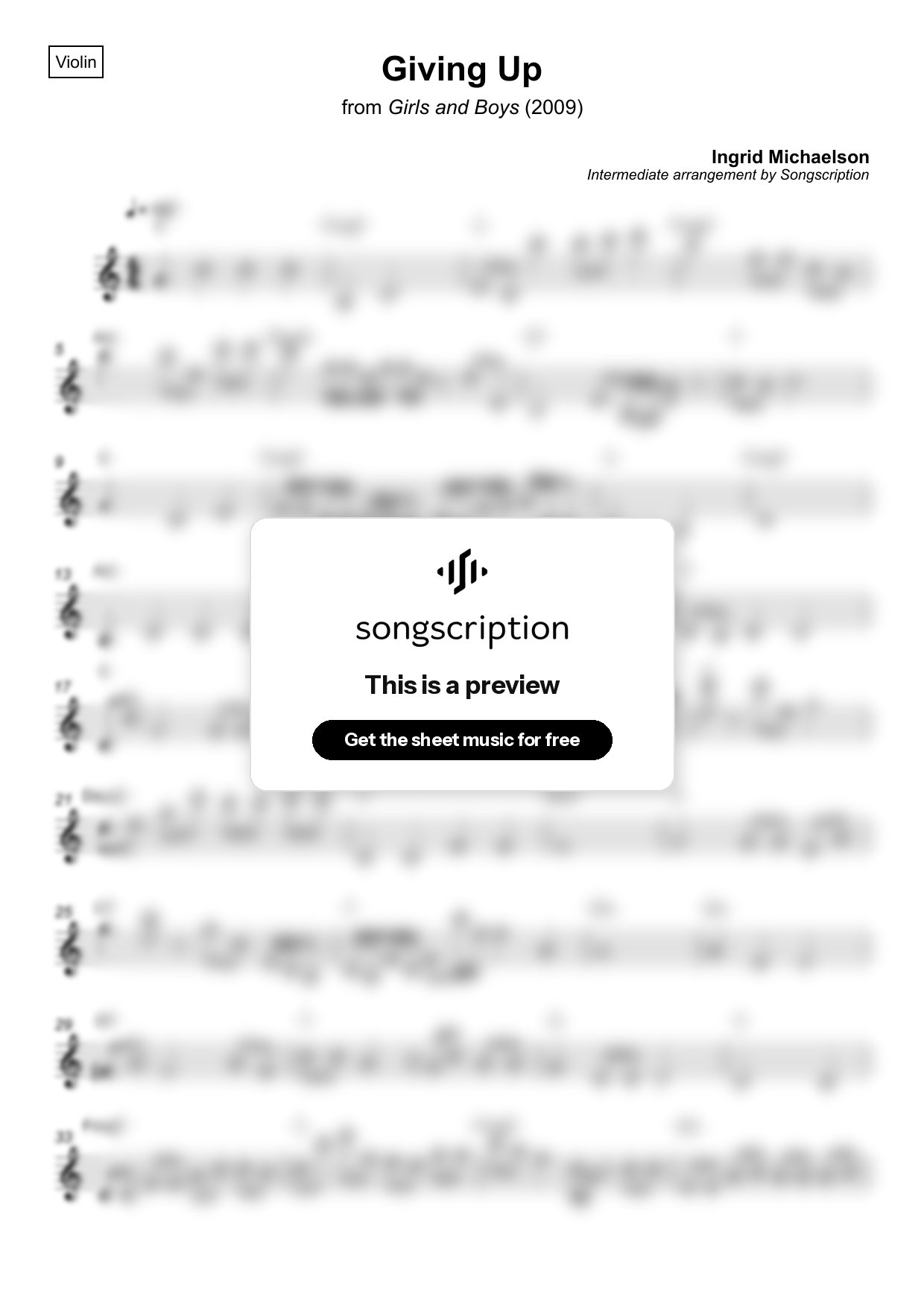 Intermediate Violin Sheet Music for "Giving Up" by Ingrid Michaelson
