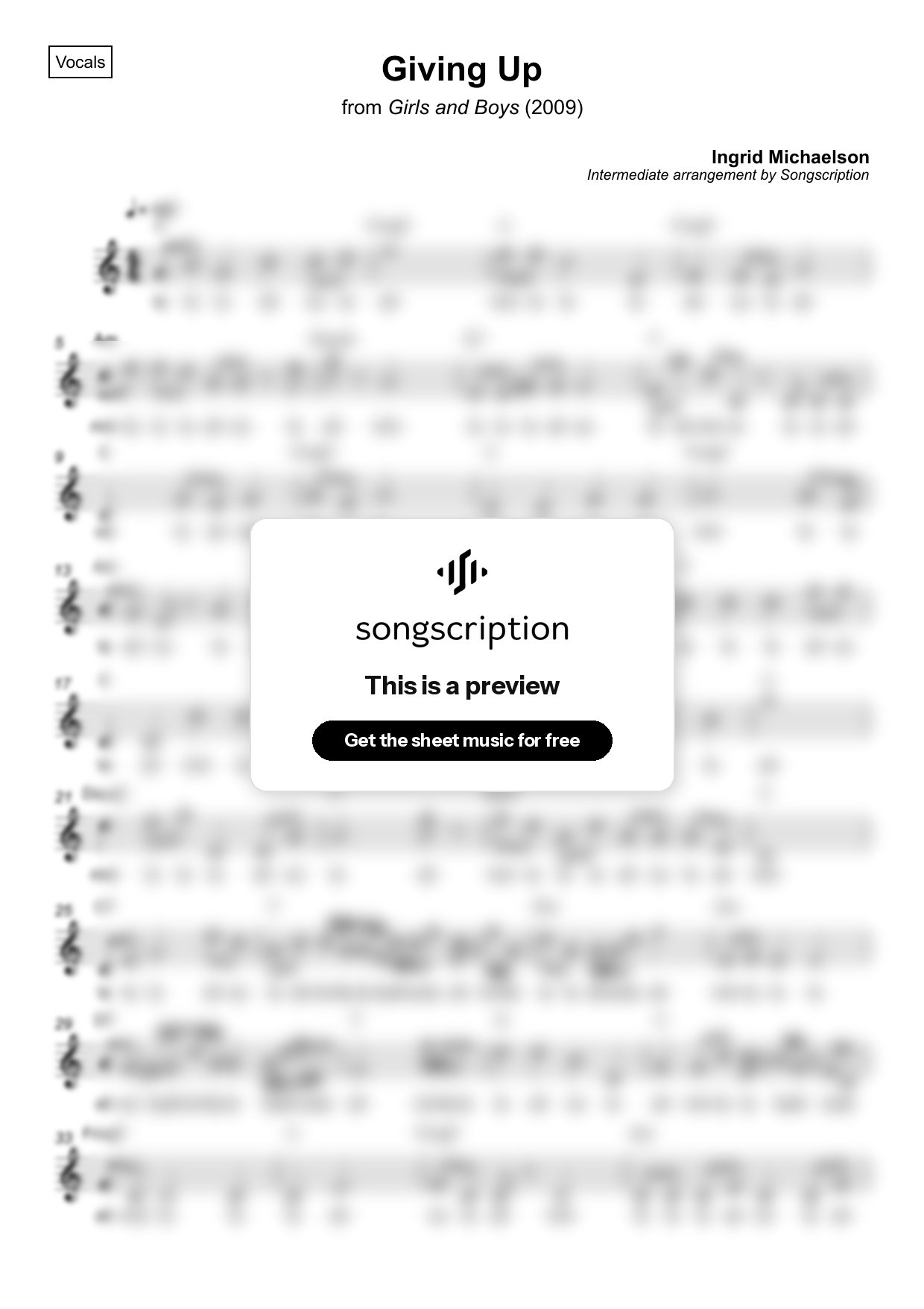Intermediate Vocals Sheet Music for "Giving Up" by Ingrid Michaelson