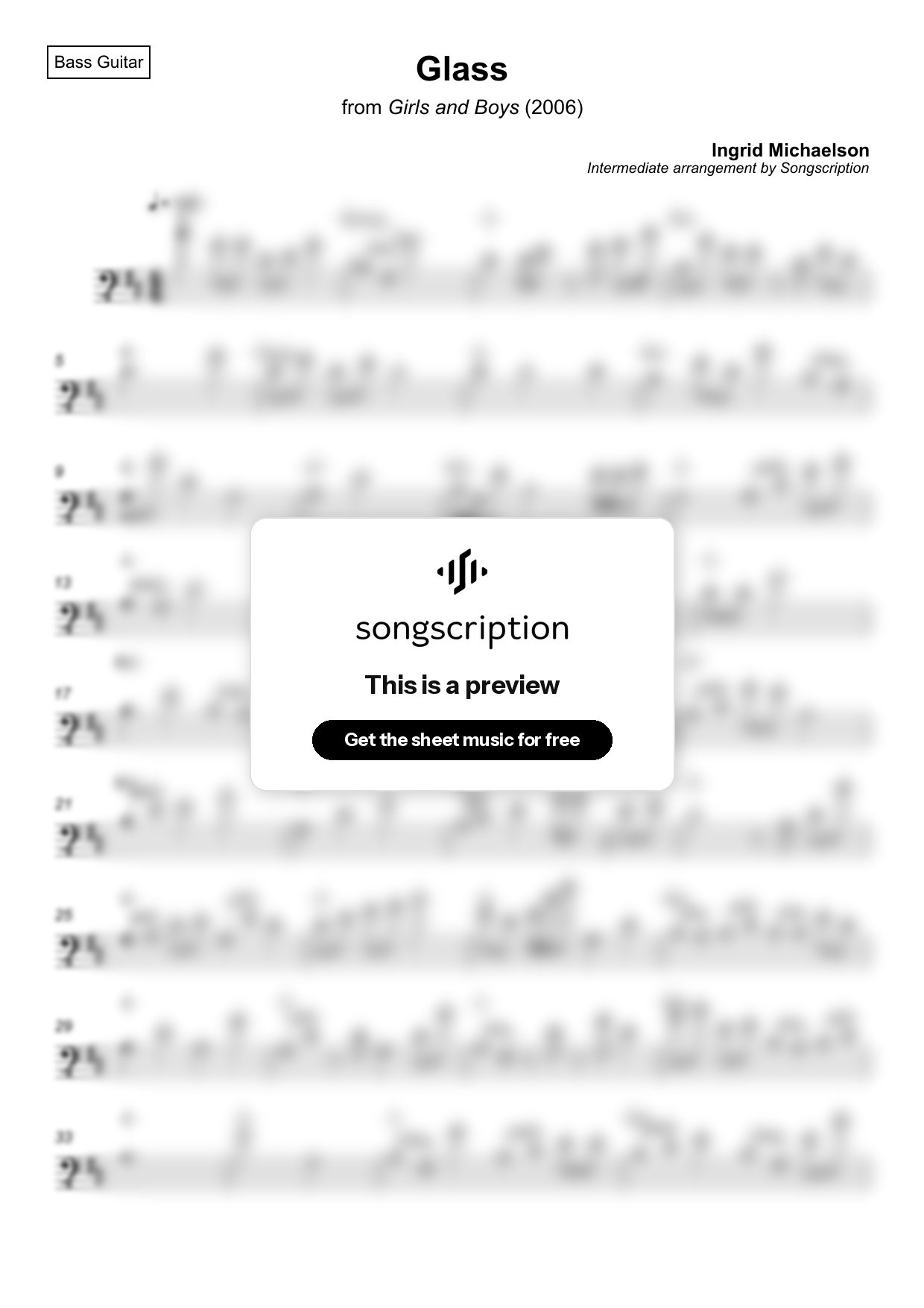 Intermediate Bass Guitar Sheet Music for "Glass" by Ingrid Michaelson