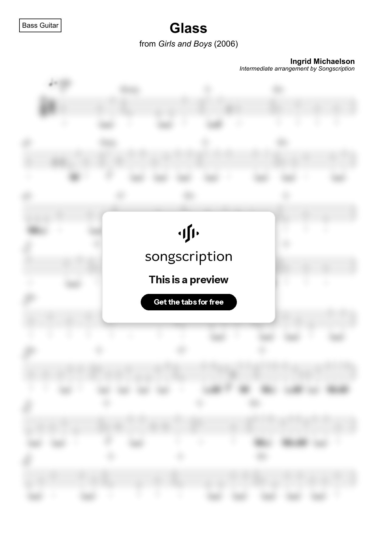 Intermediate Bass Guitar Tabs for "Glass" by Ingrid Michaelson