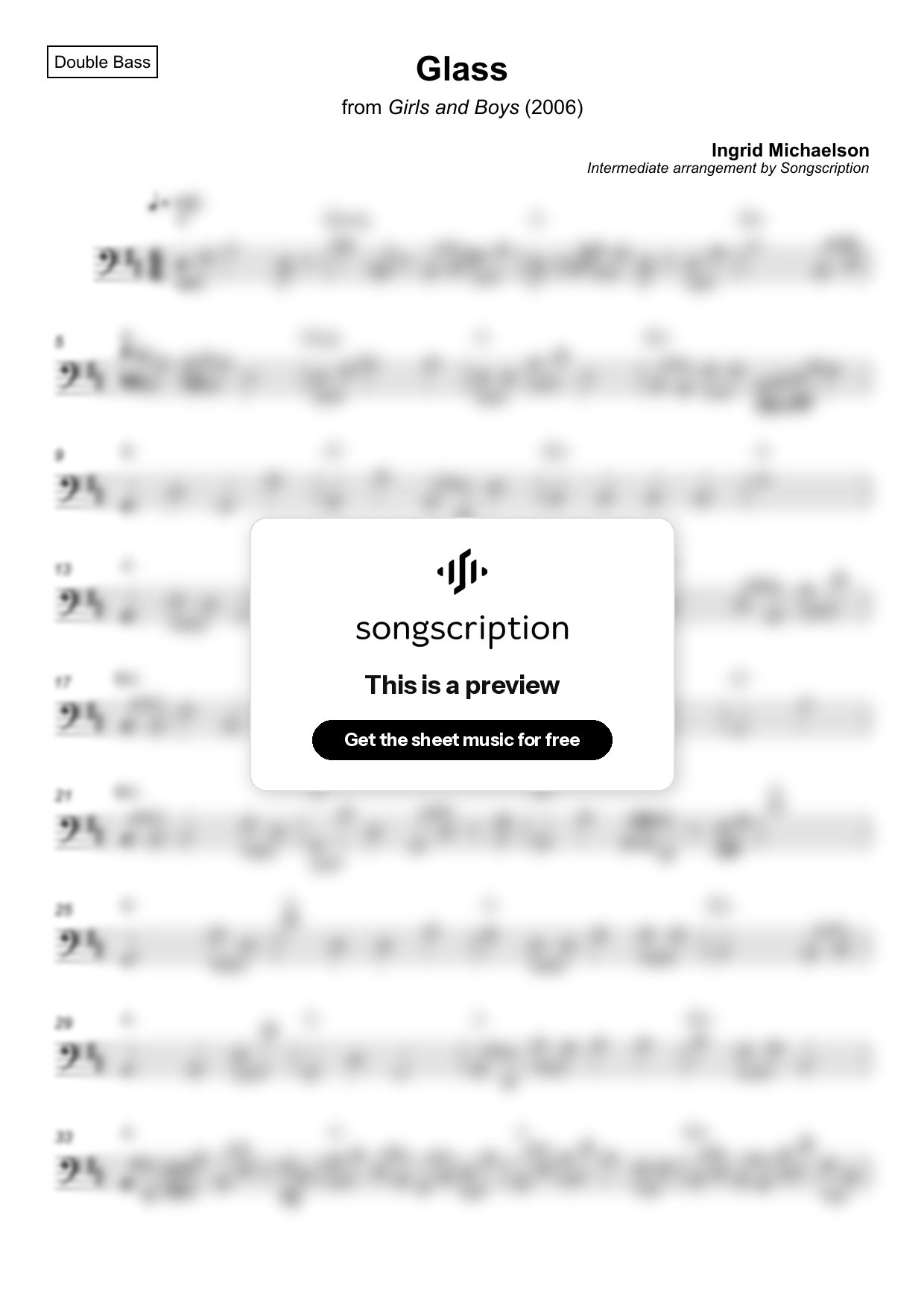 Intermediate Double Bass Sheet Music for "Glass" by Ingrid Michaelson
