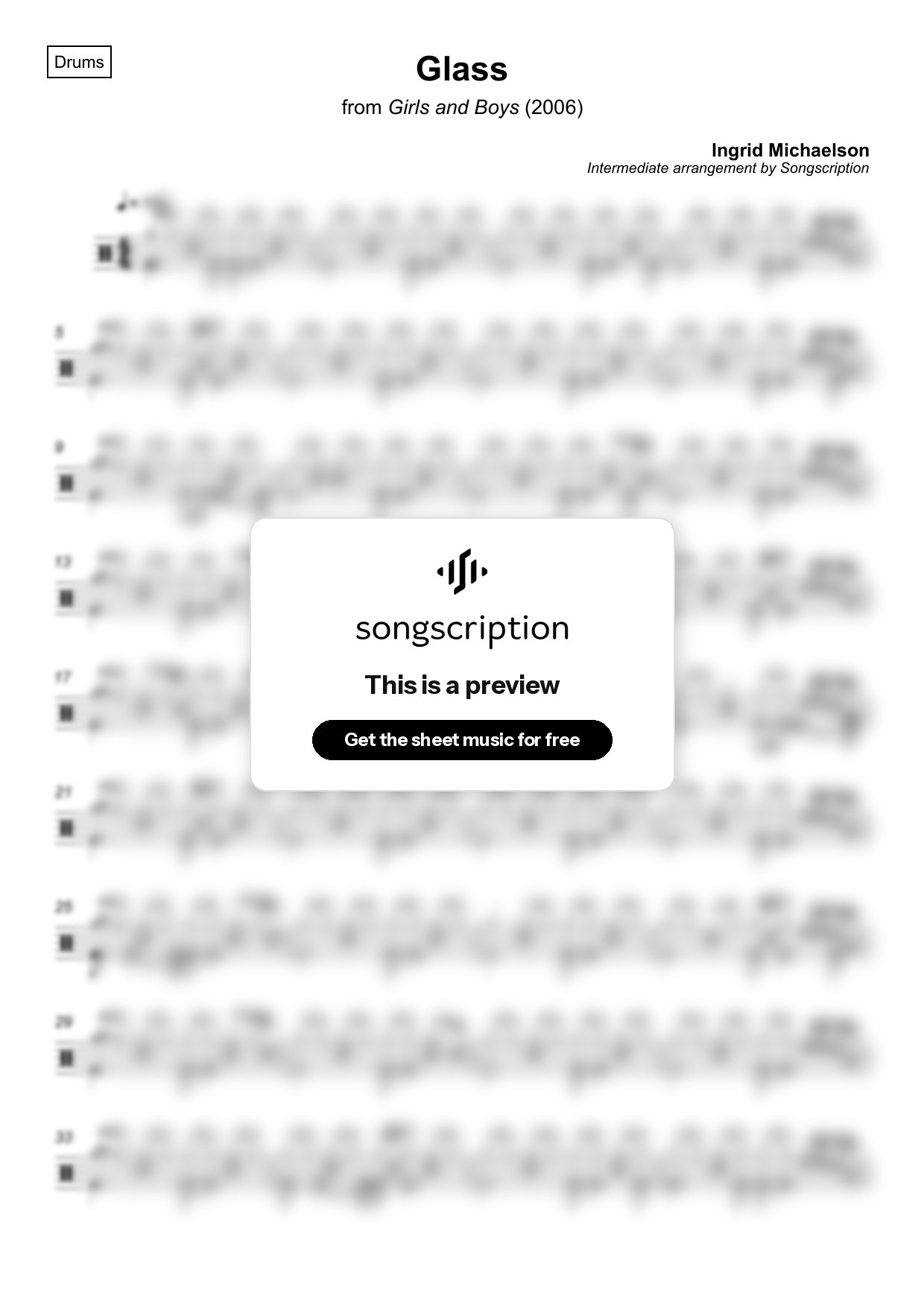 Intermediate Drums Sheet Music for "Glass" by Ingrid Michaelson