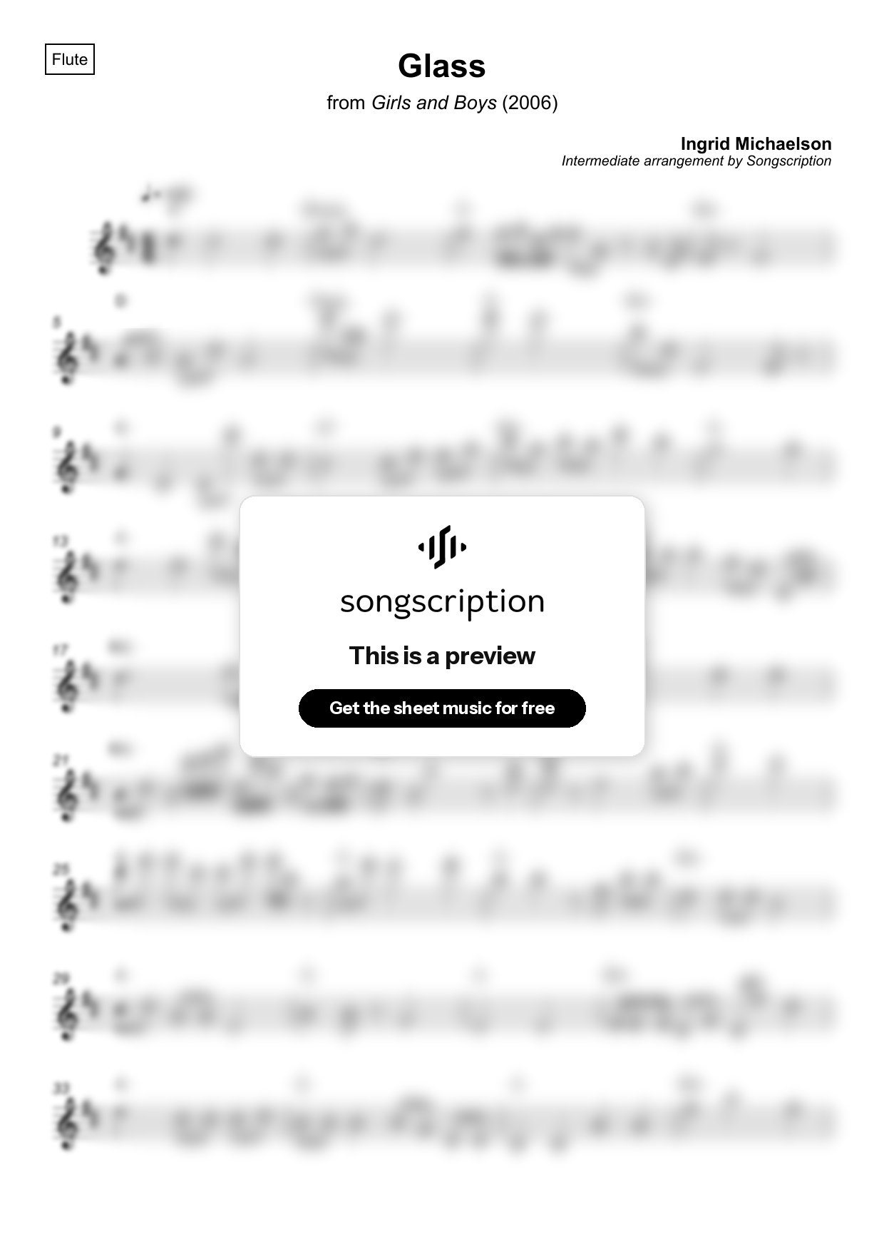 Intermediate Flute Sheet Music for "Glass" by Ingrid Michaelson