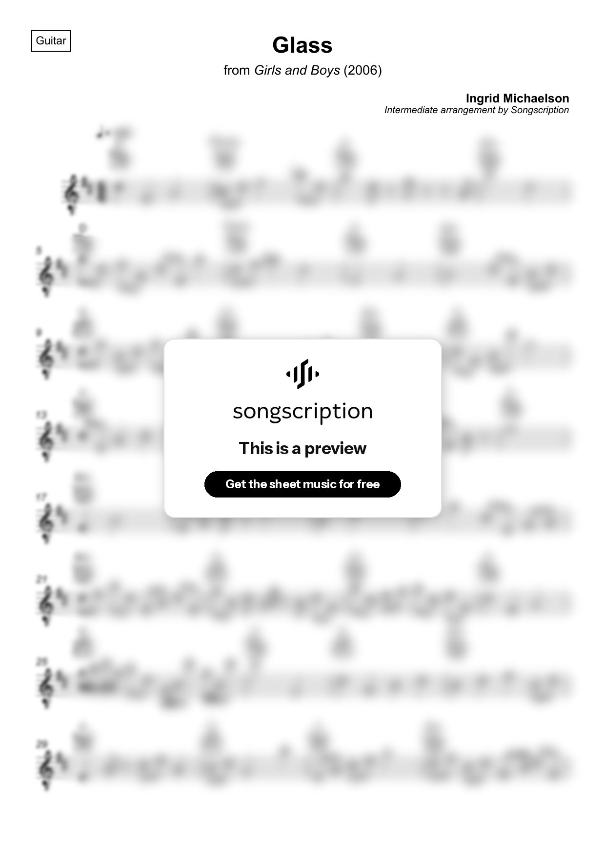 Intermediate Acoustic Guitar Sheet Music for "Glass" by Ingrid Michaelson