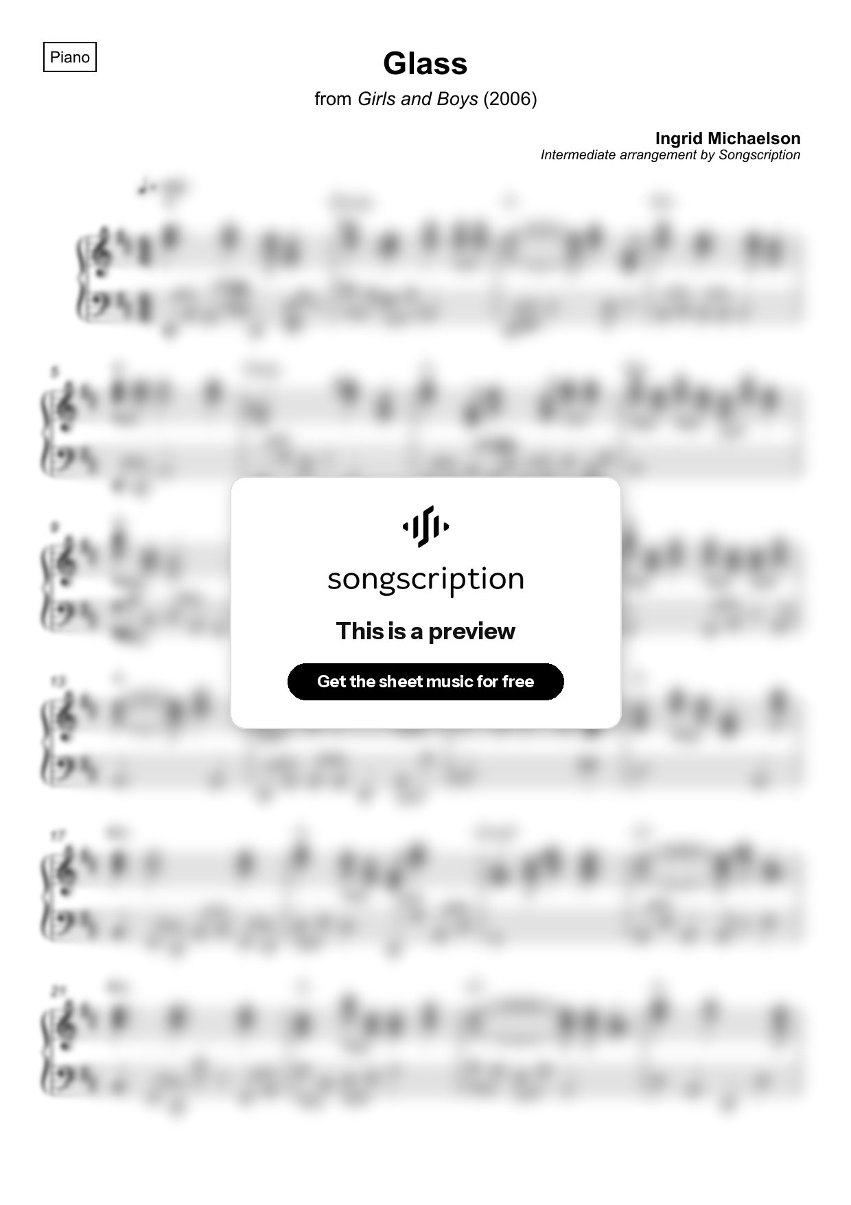 Intermediate Piano Sheet Music for "Glass" by Ingrid Michaelson