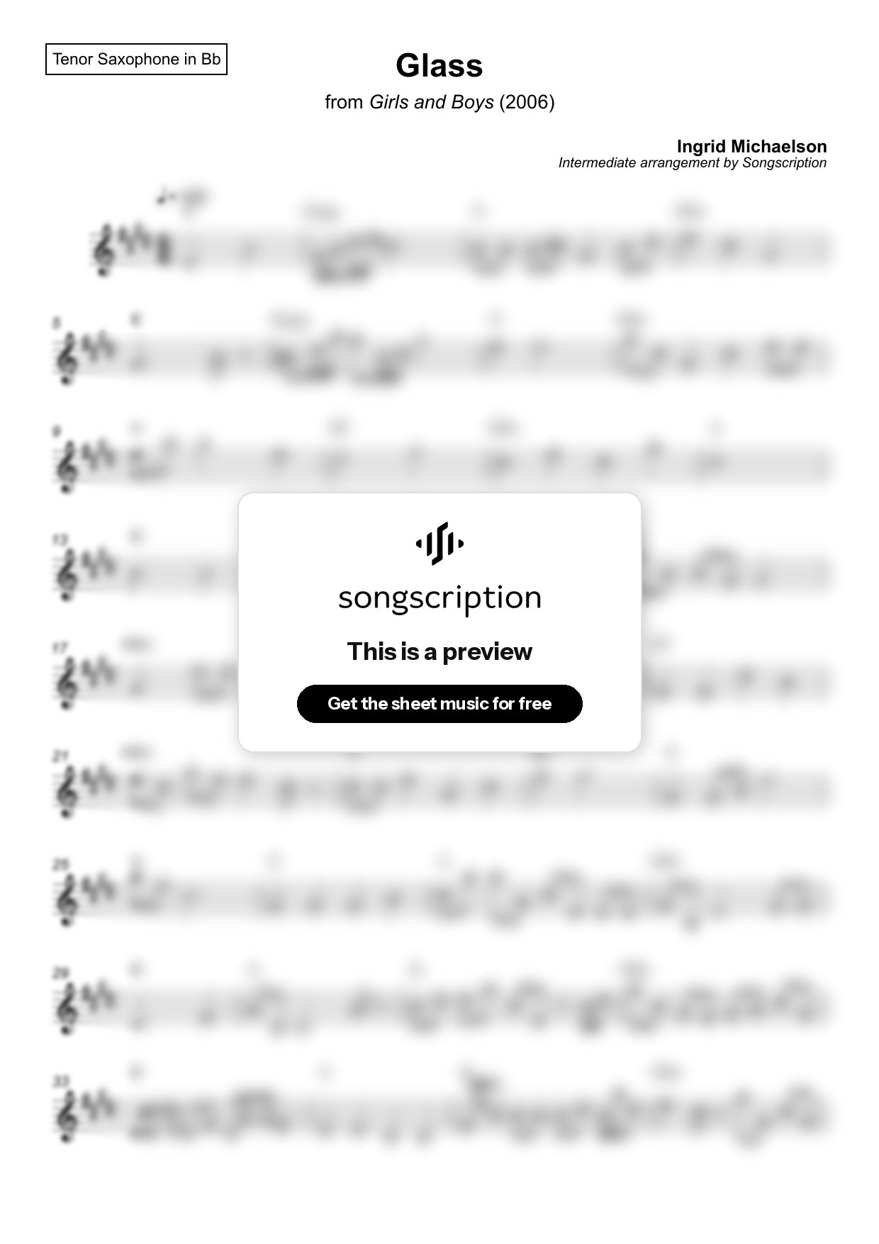 Intermediate Tenor Sax Sheet Music for "Glass" by Ingrid Michaelson