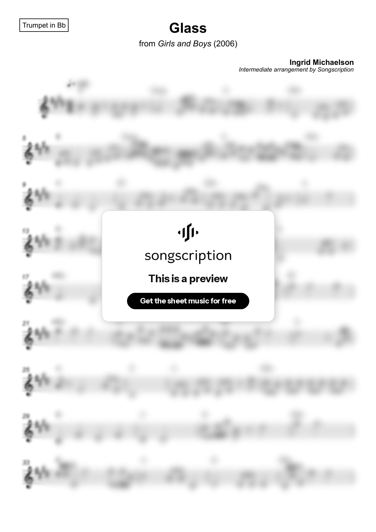 Intermediate Trumpet Sheet Music for "Glass" by Ingrid Michaelson