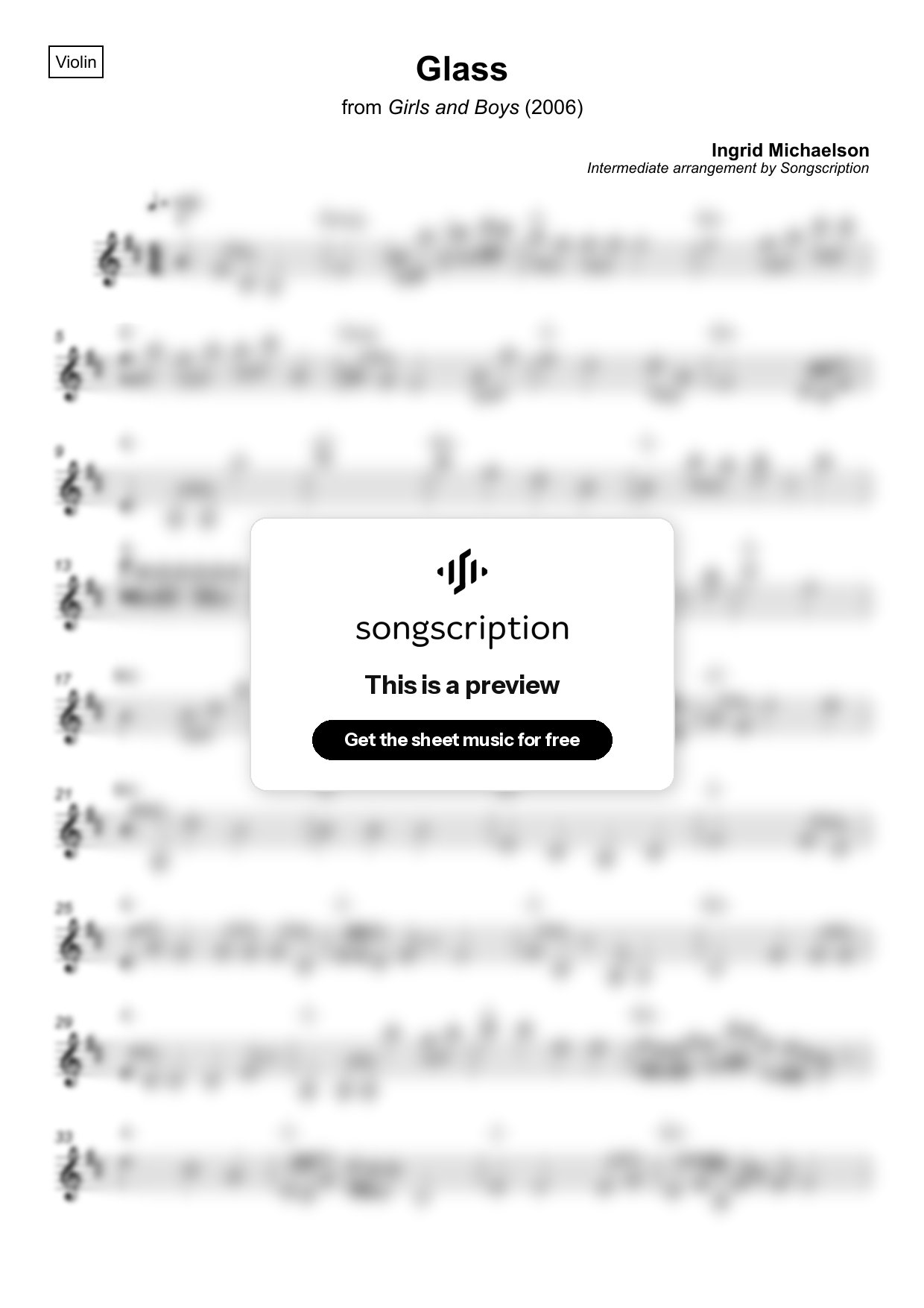 Intermediate Violin Sheet Music for "Glass" by Ingrid Michaelson