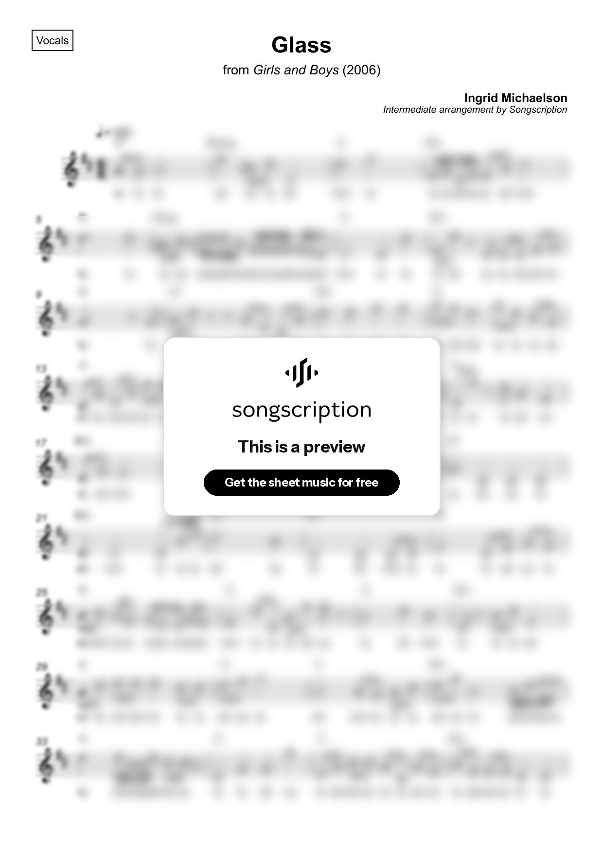 Intermediate Vocals Sheet Music for "Glass" by Ingrid Michaelson