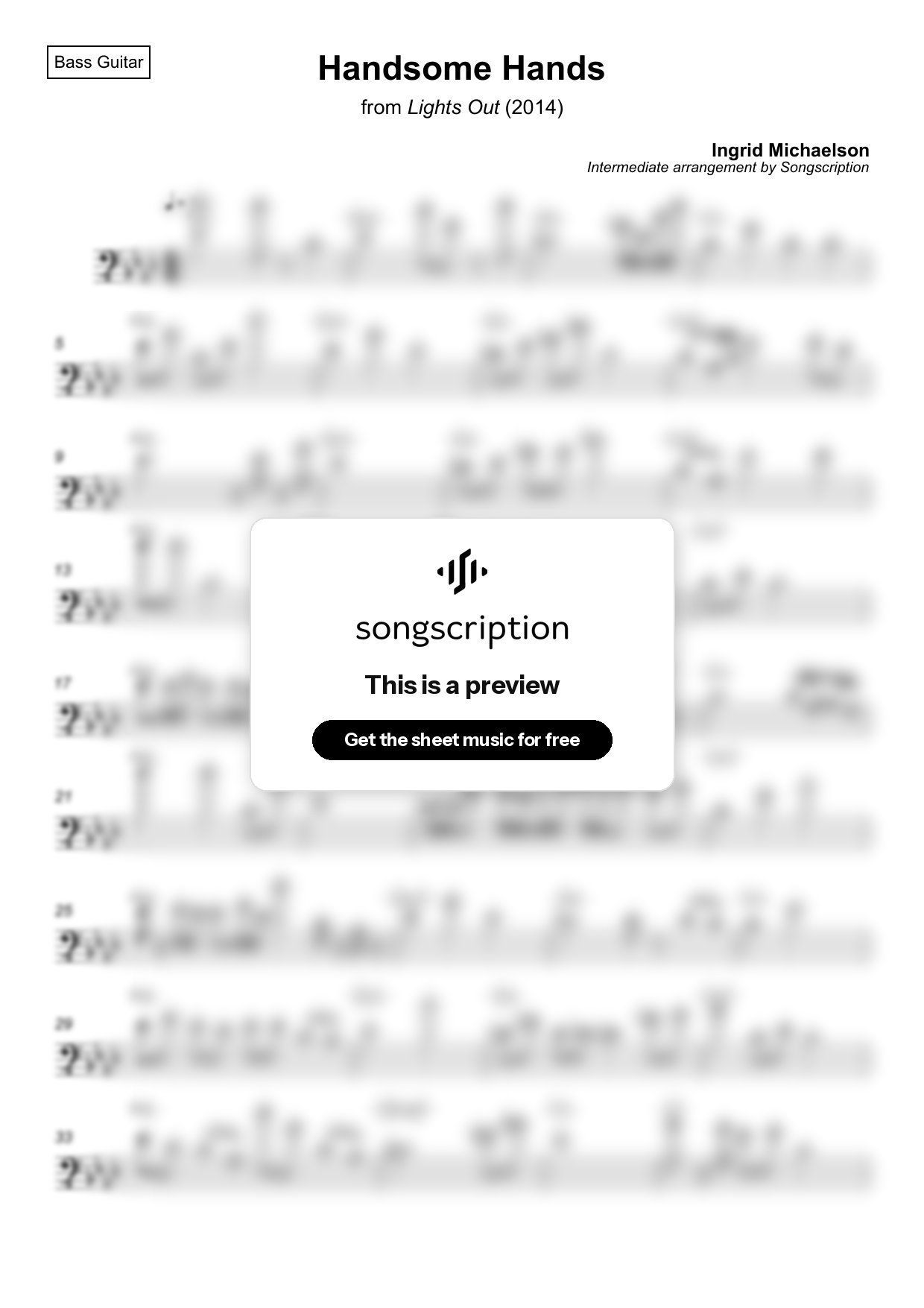 Intermediate Bass Guitar Sheet Music for "Handsome Hands" by Ingrid Michaelson