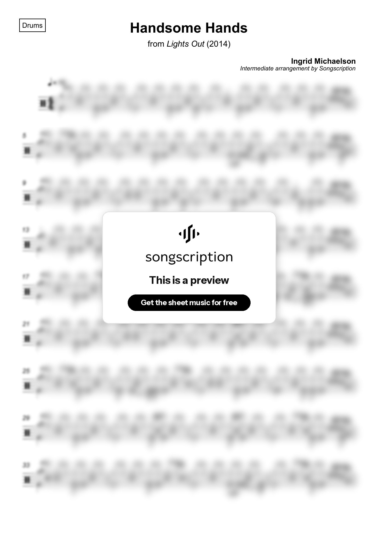 Intermediate Drums Sheet Music for "Handsome Hands" by Ingrid Michaelson