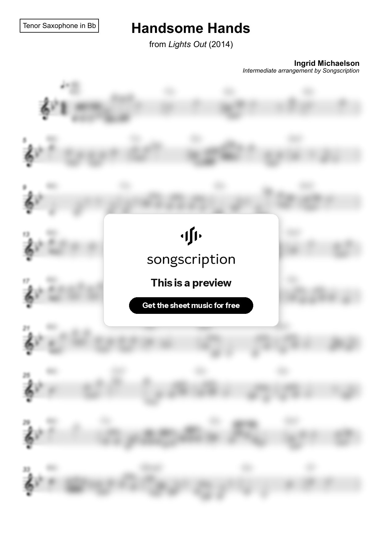 Intermediate Tenor Sax Sheet Music for "Handsome Hands" by Ingrid Michaelson