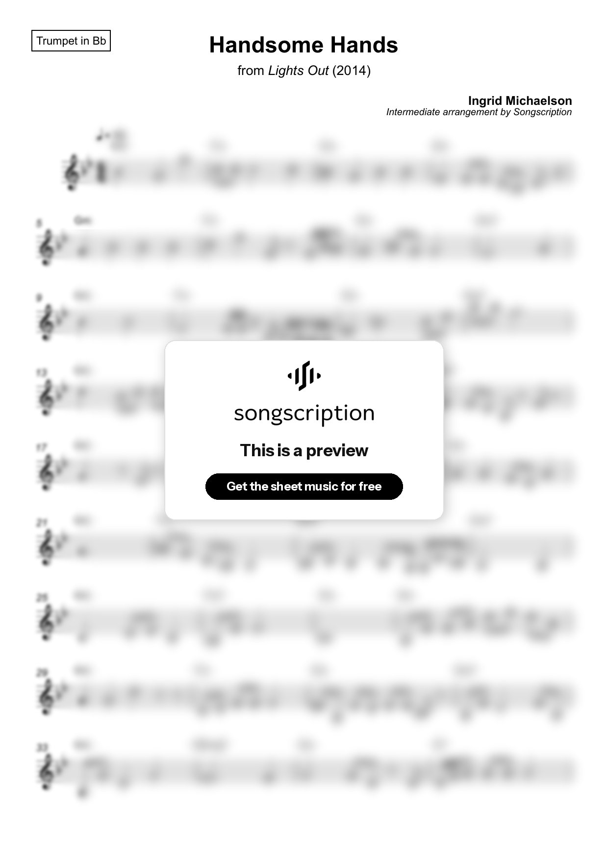 Intermediate Trumpet Sheet Music for "Handsome Hands" by Ingrid Michaelson