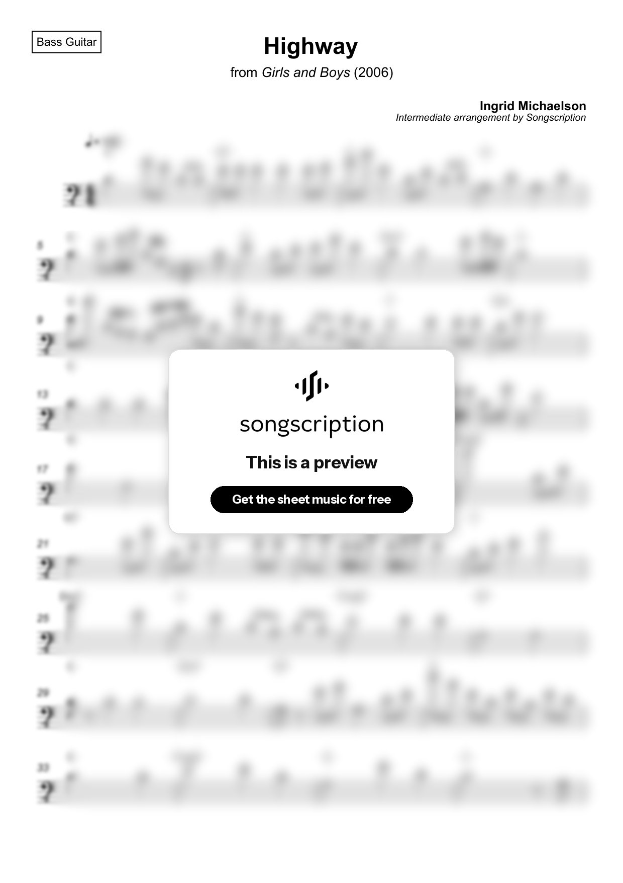 Intermediate Bass Guitar Sheet Music for "Highway" by Ingrid Michaelson