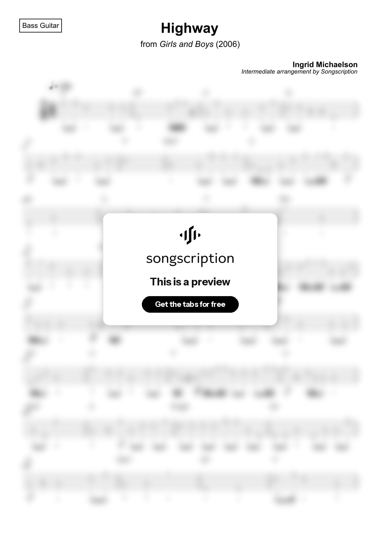 Intermediate Bass Guitar Tabs for "Highway" by Ingrid Michaelson