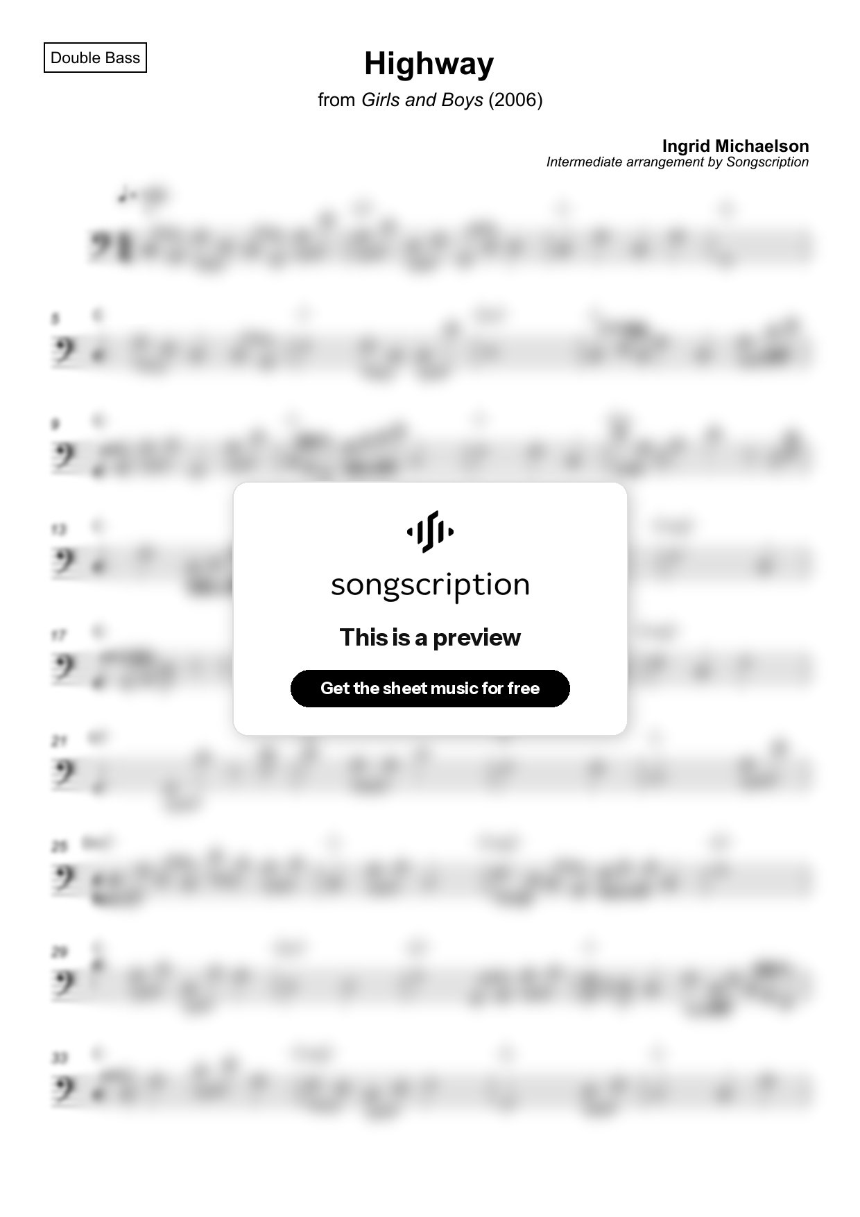 Intermediate Double Bass Sheet Music for "Highway" by Ingrid Michaelson