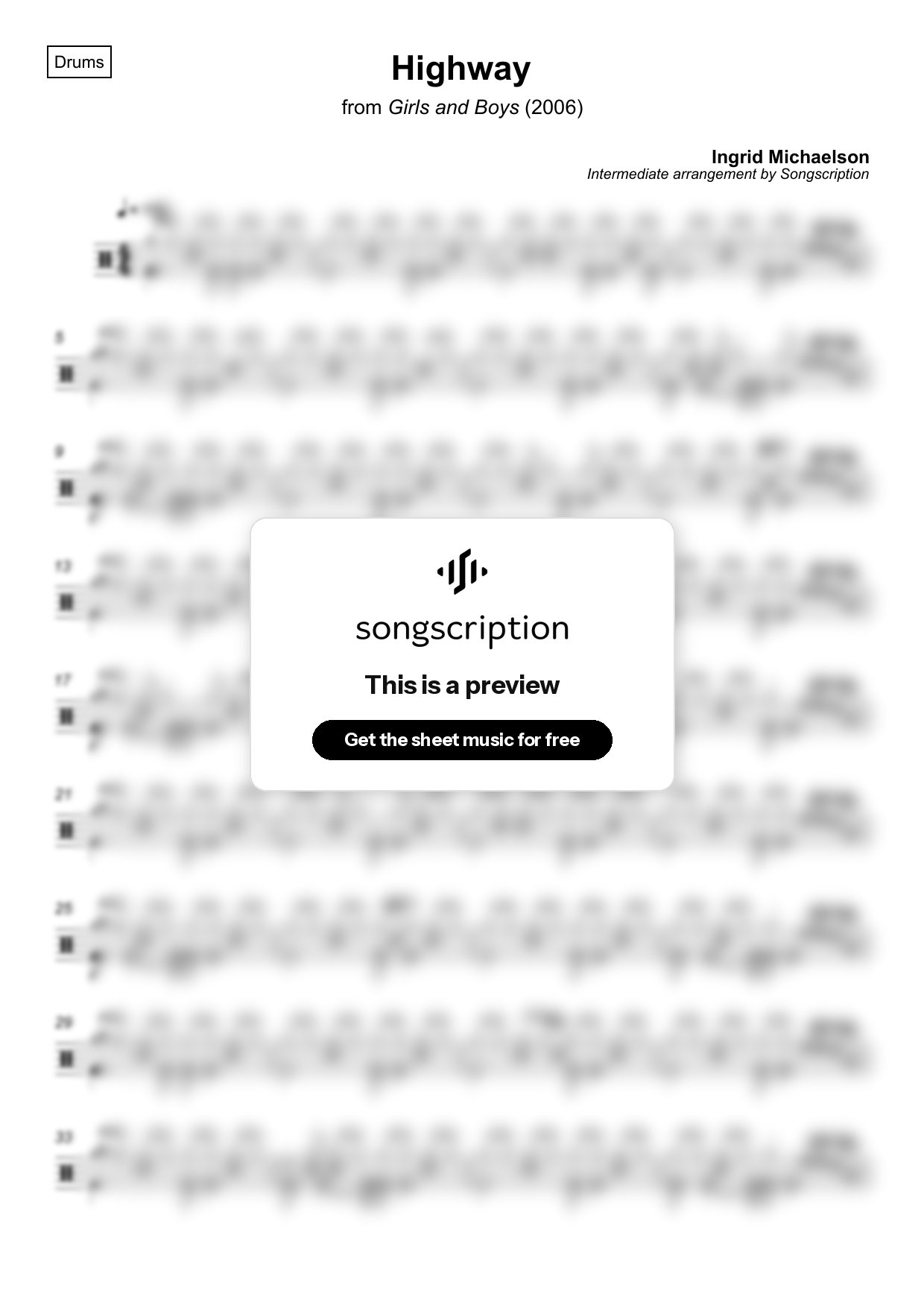 Intermediate Drums Sheet Music for "Highway" by Ingrid Michaelson
