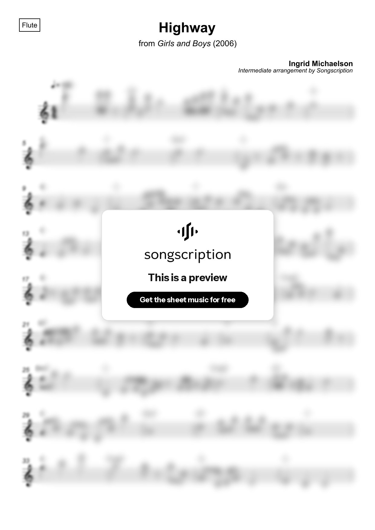 Intermediate Flute Sheet Music for "Highway" by Ingrid Michaelson